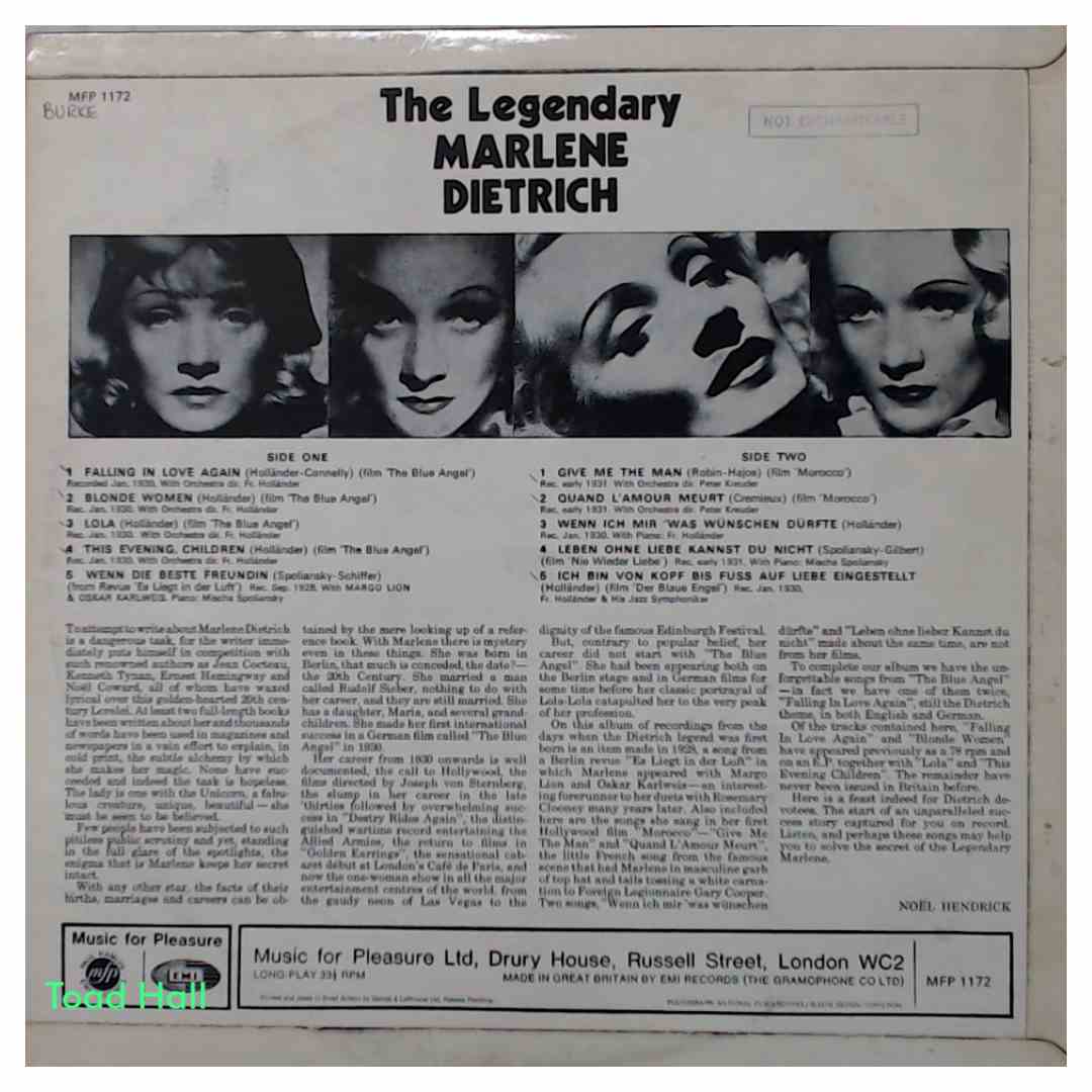 Marlene Dietrich - The Legendary Marlene Dietrich(Import) - Used Vinyl
