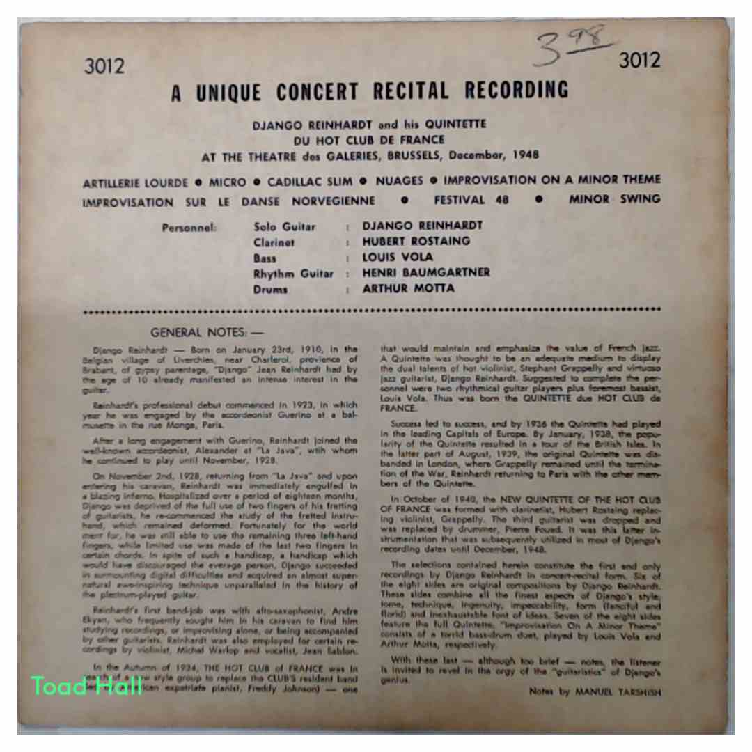 Django Reinhardt - Concert Recital Of Django Reinhardt (10 Inch Vinyl) - Used Vinyl