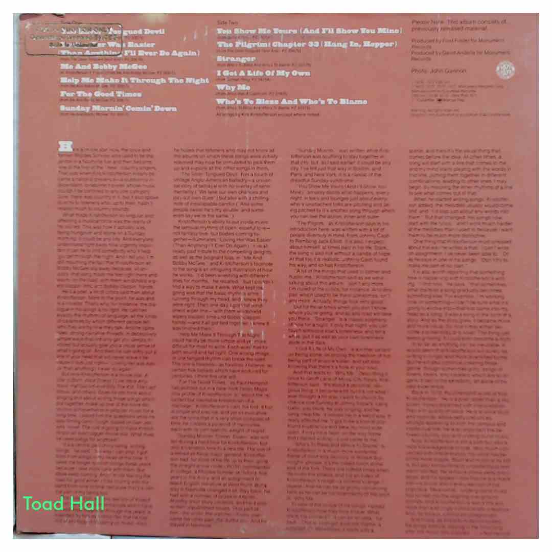 Kris Kristofferson - Songs Of Kristofferson (Promo) - Used Vinyl