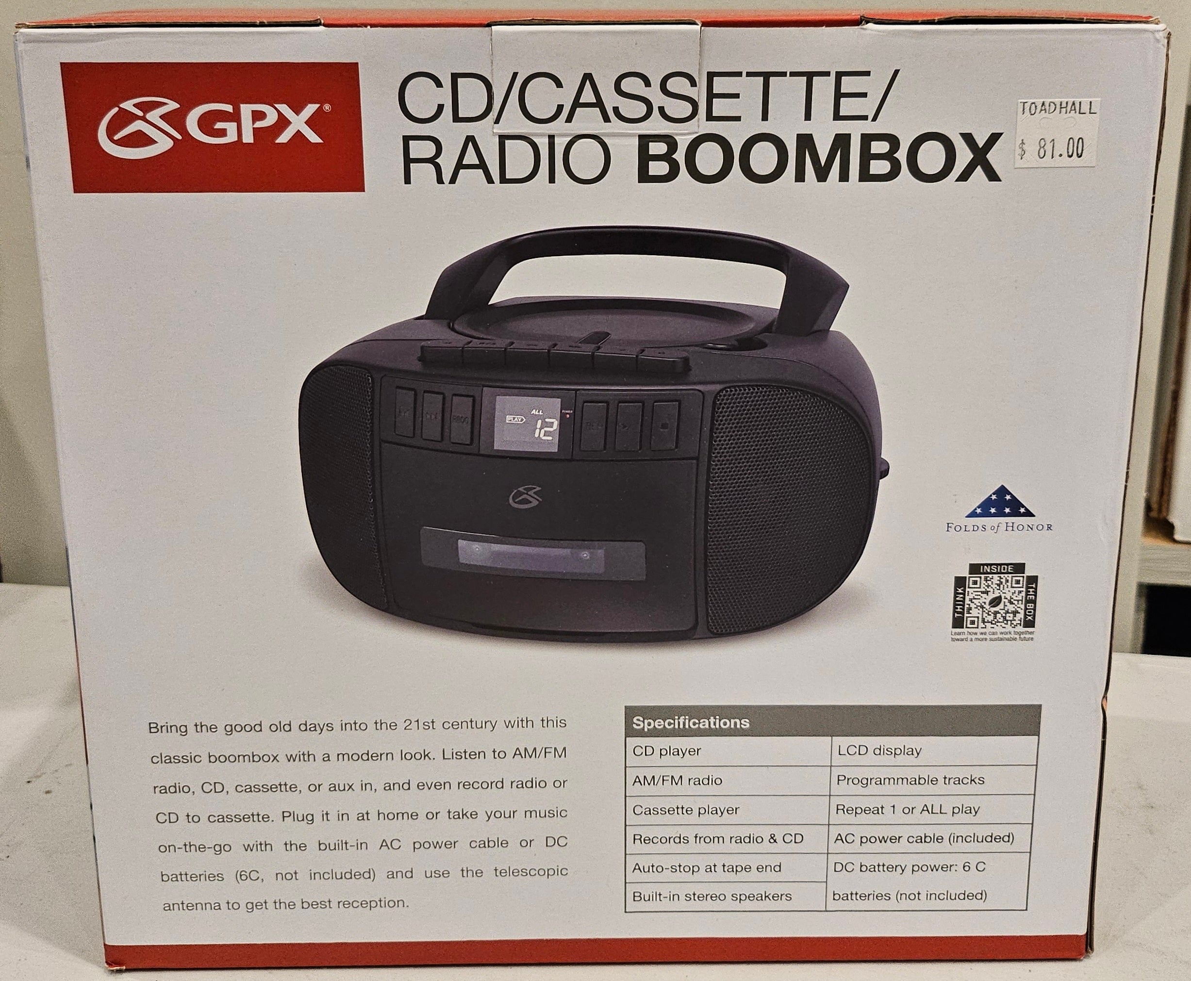GPX BCA209B CD/Cassette/Radio Boombox