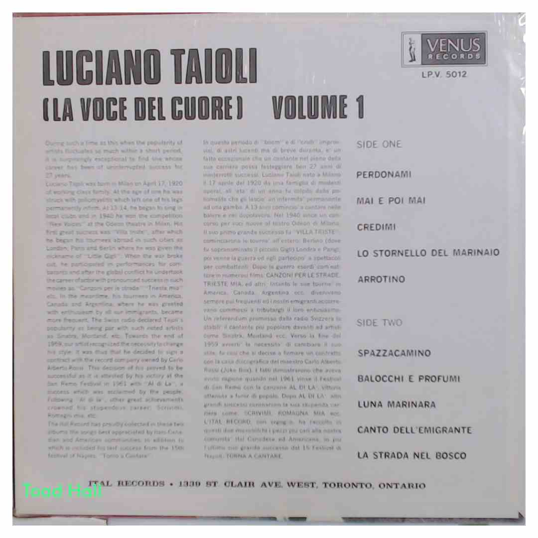 Luciano Taioli (La Voce Del Cuore) Volume 1 Used Vinyl LP