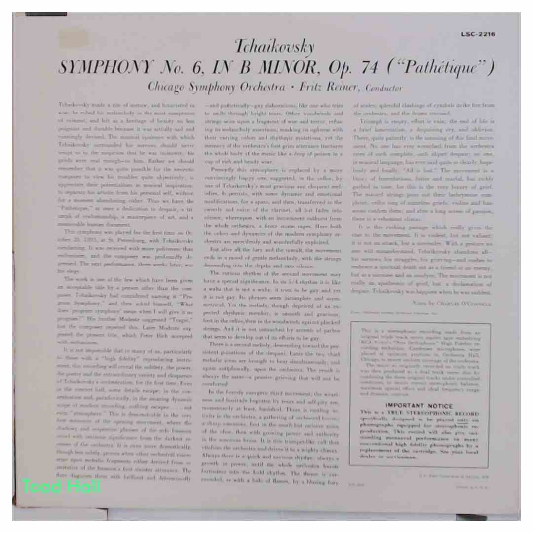 TCHAIKOVSKY Pathetique Symphony Living Stereo Used Vinyl LP