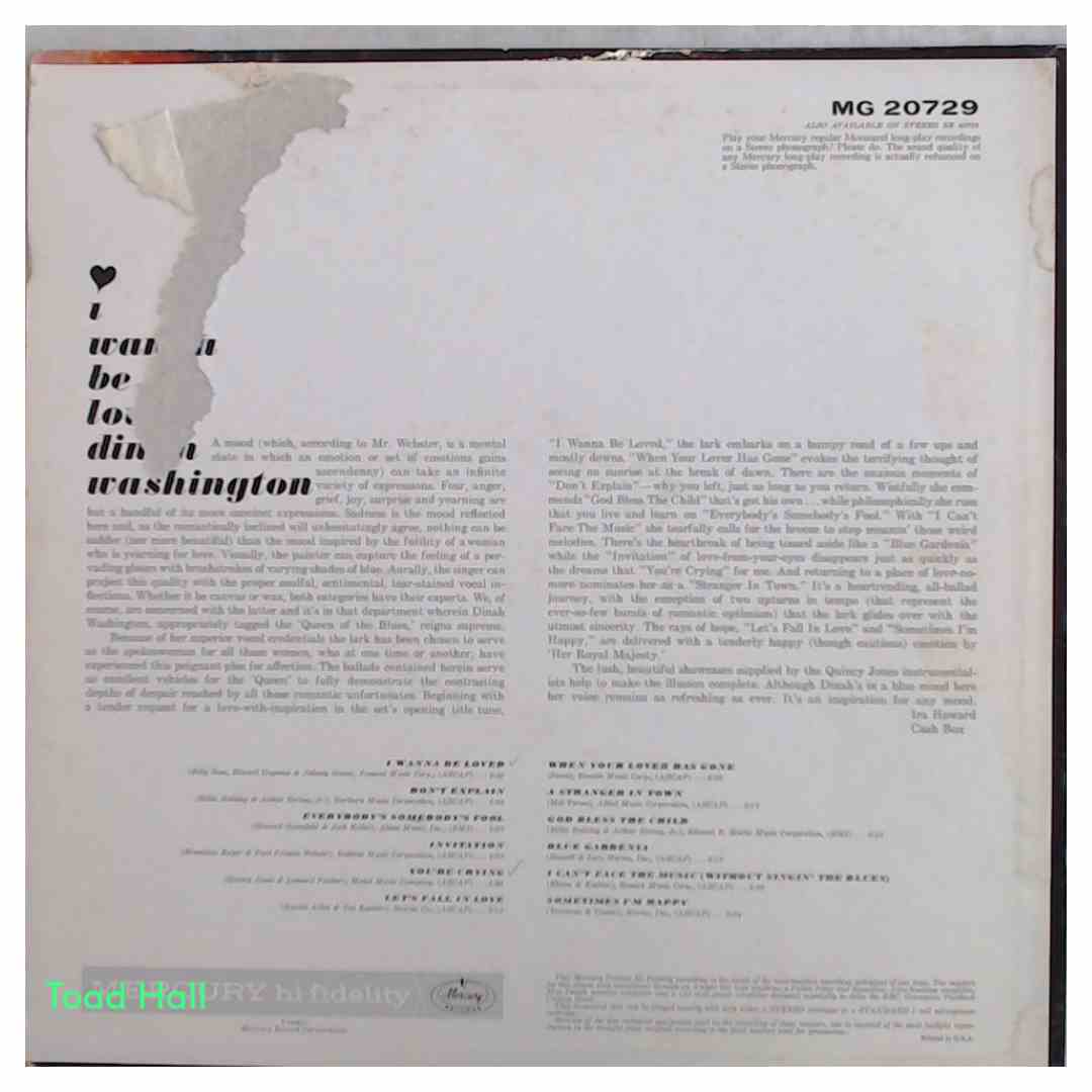 DINAH WASHINGTON I Wanna Be Loved Used Vinyl LP