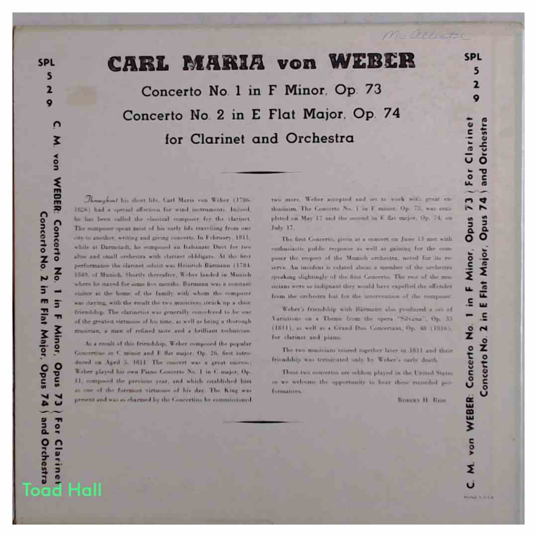 C.M.V. Weber Concerto No. 1 In F Minor, Opus 73/Concerto No. 2 In E Major, Opus 74 Used Vinyl LP