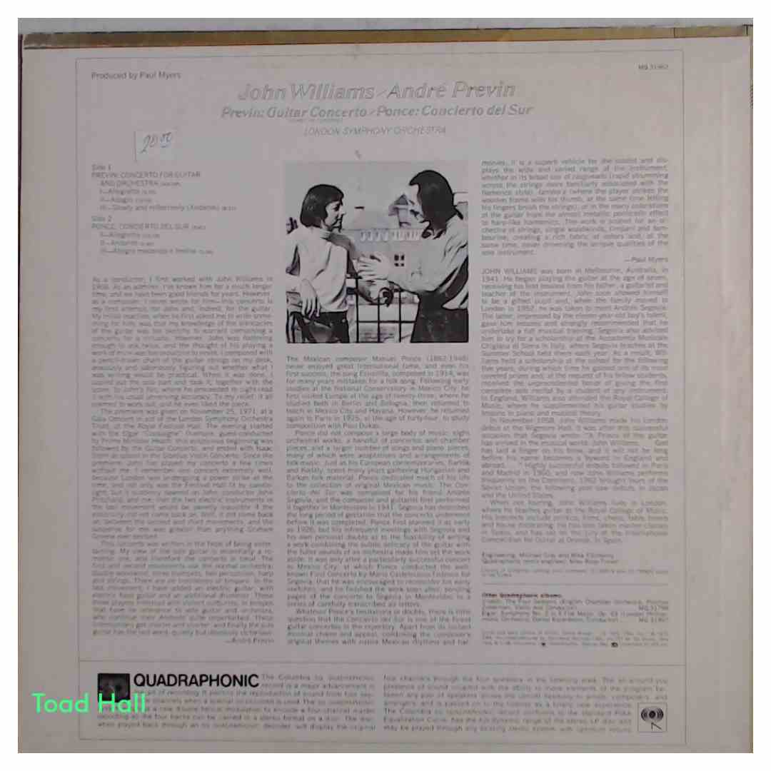 JOHN WILLIAMS/ANDRE PREVIN Previn: Guitar Concerto/Ponce: Conceirto Del Sur (Quadrophonic) Used Vinyl LP