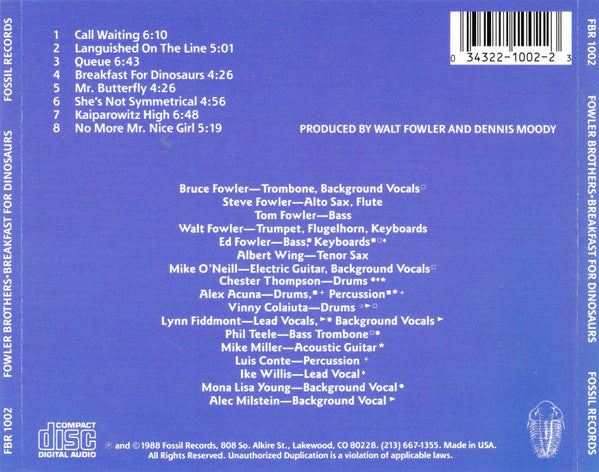 FOWLER BROTHERS Breakfast For Dinosaurs CD,