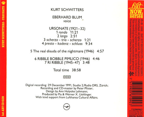 KURT SCHWITTERS, EBERHARD BLUM Ursonate Used CD, VG+
