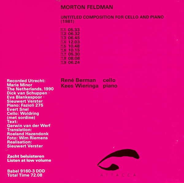 MORTON FELDMAN Untitled Composition For Cello And Piano (1981) Used CD, VG+