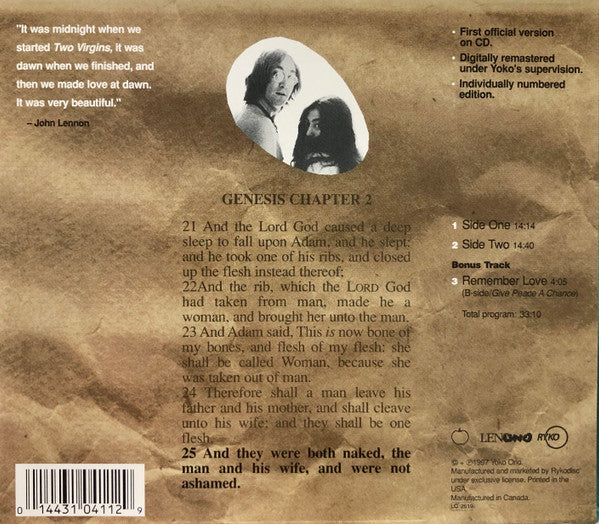 YOKO ONO / JOHN LENNON Unfinished Music No. 1 Two Virgins CD, new/sealed