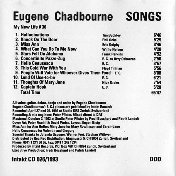 EUGENE CHADBOURNE Songs CD, like new