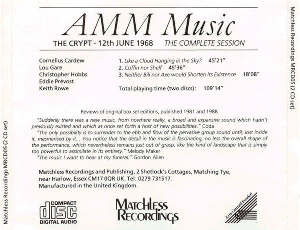 AMM The Crypt 12 June 1968 The Complete Session Used CD, VG+