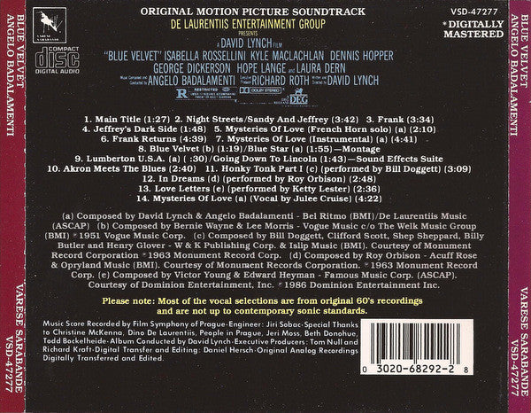 ANGELO BADALAMENTI Blue Velvet CD, like new