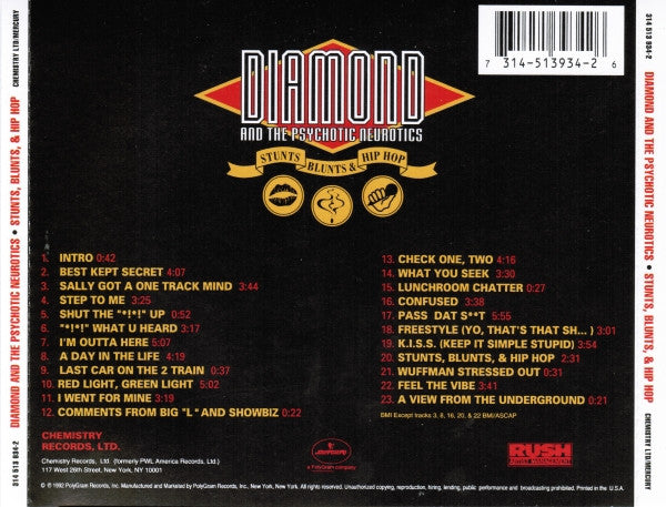 DIAMOND AND THE PSYCHOTIC NEUROTICS Stunts, Blunts & Hip Hop CD, like new
