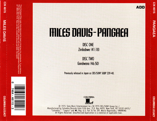 MILES DAVIS Pangaea Used 2 x CD, VG+