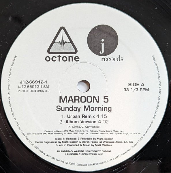 Maroon 5 - Sunday Morning/This Love - 12 Inch Vinyl