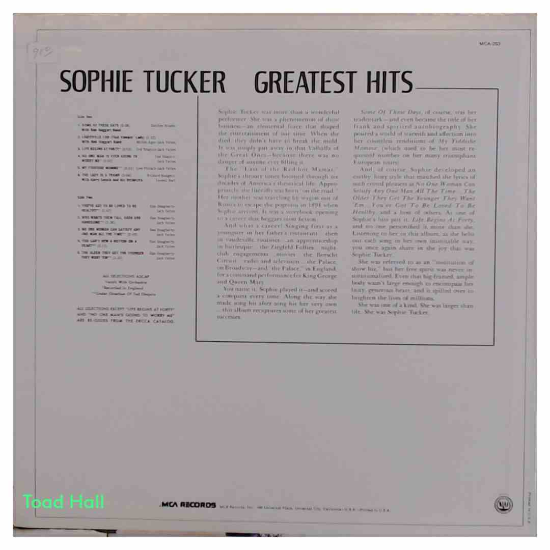 SOPHIE TUCKER Sophie Tucker's Greatest Hits Used Vinyl LP