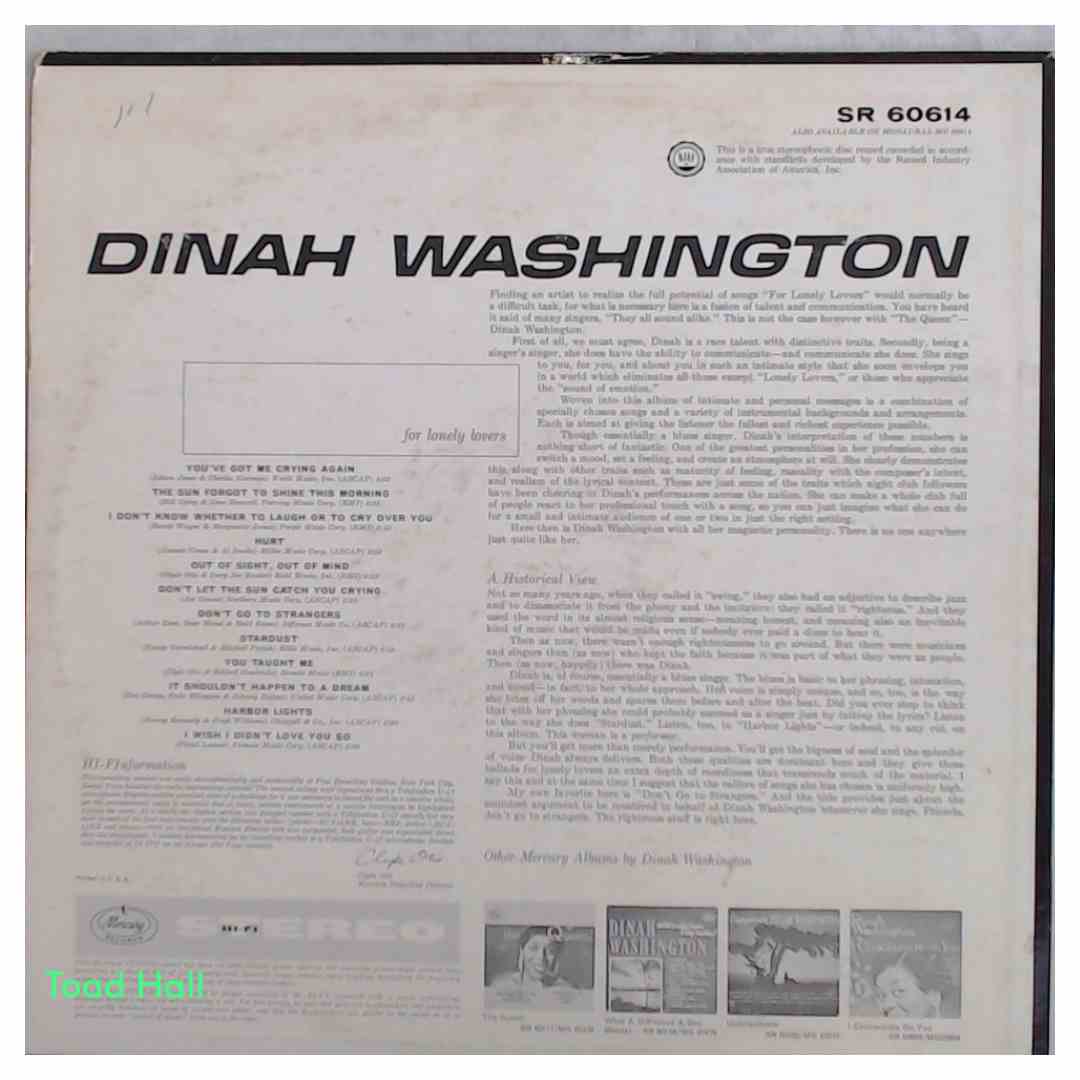 DINAH WASHINGTON For Lonely Lovers Used Vinyl LP
