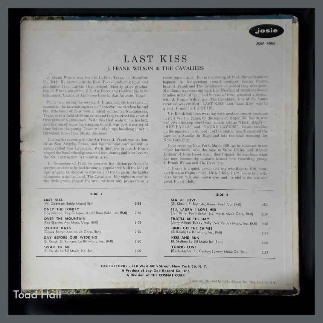 J. FRANK WILSON AND THE CAVALIERS Last Kissed Used Vinyl LP Ultrasonically Cleaned
