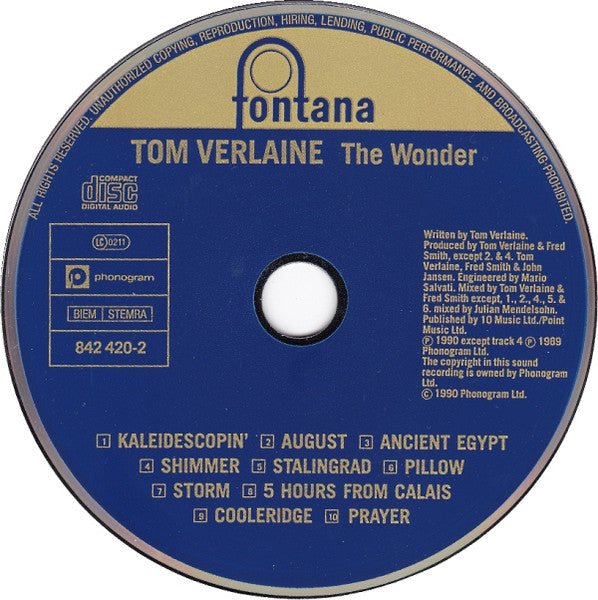 TOM VERLAINE The Wonder CD, very good plus