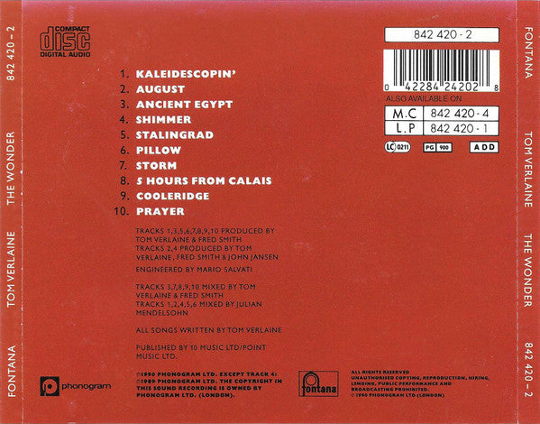 TOM VERLAINE The Wonder CD, very good plus