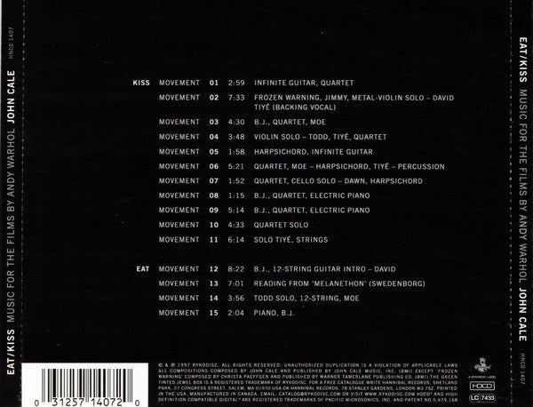 JOHN CALE Eat/Kiss Music For The Films Of Andy Warhol Used CD, VG+