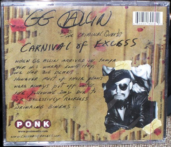 GG ALLIN and the CRIMINAL QUARTET Carnival Of Excess CD, very good plus