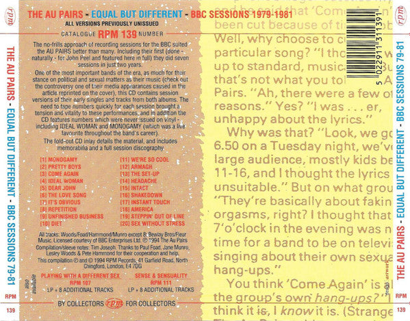 AU PAIRS Equal But Different BBC Sessions 79-81 Used CD, Like New